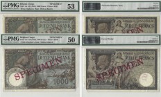 BILLETS CONGO BELGE
Banque du Congo Belge. lot de 2 billets de 1000 francs spécimen n.d. (1920)
Pick# 12s. Échelle 32%.
PMG 53, PMG 50