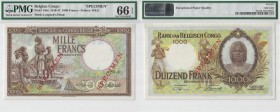 BILLETS CONGO BELGE
Banque du Congo Belge. 1000 francs spécimen 11.02.1946.
Pick# 19bs. Échelle 30%.
PMG 66 EPQ