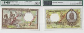 BILLETS CONGO BELGE
Banque du Congo Belge. 1000 francs spécimen 10.04.1947.
Pick# 19bs. Échelle 30%.
PMG 66 EPQ