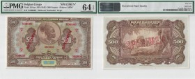 BILLETS CONGO BELGE
Banque du Congo Belge. 500 francs spécimen n.d. (1941)
Pick# 18Aas. Échelle 30%.
PMG 64 EPQ