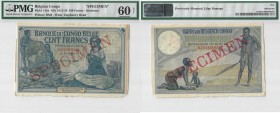 BILLETS CONGO BELGE
Banque du Congo Belge. 100 francs spécimen n.d. (1912-1920), Kinshasa.
Pick# 11bs. Échelle 30%.
PMG 60 NET