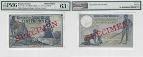 BILLETS CONGO BELGE
Banque du Congo Belge. 100 francs spécimen n.d. (1929)
Pick# 11fs. Échelle 30%.
PMG 63 EPQ