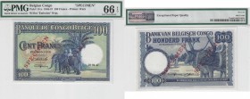 BILLETS CONGO BELGE
Banque du Congo Belge. 100 francs spécimen 10.04.1947.
Pick# 17cs. Échelle 30%.
PMG 66 EPQ