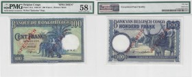 BILLETS CONGO BELGE
Banque du Congo Belge. 100 francs spécimen 10.04.1947.
Pick# 17cs. Échelle 30%.
PMG 58 EPQ
