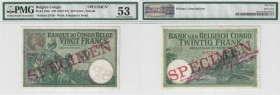BILLETS CONGO BELGE
Banque du Congo Belge. 20 francs spécimen n.d. (1912-1927), Matadi.
Pick# 10ds. Échelle 30%.
PMG 53
