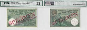 BILLETS CONGO BELGE
Banque du Congo Belge. 20 francs spécimen n.d. (1912-1927), Matadi.
Pick# 10fs. Échelle 30%.
PMG 53