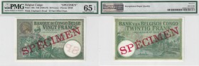 BILLETS CONGO BELGE
Banque du Congo Belge. 20 francs spécimen n.d. (1929-1937)
Pick# 10fs. Échelle 30%.
PMG 65