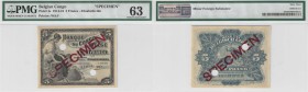 BILLETS CONGO BELGE
Banque du Congo Belge. 5 francs spécimen 09.10.1914, Élisabethville.
Pick# 4s. Échelle 30%.
PMG 63