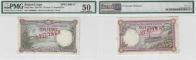 BILLETS CONGO BELGE
Banque du Congo Belge. 5 francs spécimen 03.12.1924, Léopoldville.
Pick# 8bs. Échelle 30%.
PMG 50
