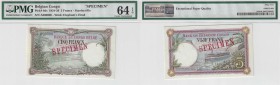 BILLETS CONGO BELGE
Banque du Congo Belge. 5 francs spécimen 04.12.1924, Stanleyville.
Pick# 8ds. Échelle 30%.
PMG 64 EPQ
