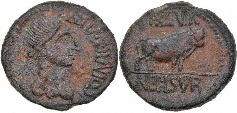 Spain. Celsa. Circa 44-36 BC. Æ As (15.38g, 30mm, 6h). L. Nep. and L. Sura, duov...