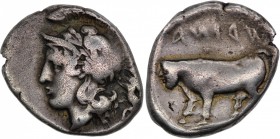 Campania, Hyria. Circa 405-385 BC. AR Nomos (24mm, 7.19g, 12h) Head of Athena left, wearing Attic helmet decorated with owl / ANID(Y?), man-headed bul...