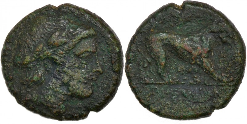 Bruttium, Rhegion. 260-215 BC. Æ (15mm, 3.16g, 9h). Head of Apollo right; lyre b...