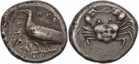 Sicily, Akragas. Circa 510-500 BC. AR Didrachm (19mm, 8.60g, 11h). Eagle standing left / Crab in between AKRAC ANTOΣ(retrograde). SNG ANS 917; HGC 2, ...