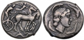 Sicily. Syracuse. Second Democracy. 466-405 BC. AR Tetradrachm (24mm, 17.11g, 1h). Struck circa 460-440 BC. Charioteer driving quadriga right, holding...