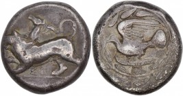 Sikyonia, Sikyon. Circa 431-400 BC. AR Stater (19mm, 11.79 g, 12h). Chimaira standing left; raising left forepaw; wreath above, ΣE below / Dove flying...
