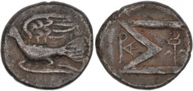 Sikyonia, Sikyon. 100-60 BC. AR Triobol (13mm, 2.28g, 3h). Dove flying / Large sigma to right, caduceus in incuse square, monogram left. BCD Peloponne...