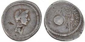 The Caesarians. Julius Caesar. 42 BC. AR Denarius (20mm, 3.68g, 6h). Rome mint; L. Mussidius Longus, moneyer. Wreathed head of Caesar right / Rudder, ...