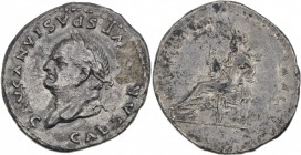 Vespasian. AD 69-79. AR Denarius (17mm, 2.65 g, 6h). Rome mint. Struck AD 77-78. Laureate head left / Annona seated left, holding sack of grain ears o...