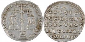 Byzantine Emipre. Basil II Bulgaroktonos, with Constantine VIII. 976-1025. AR Miliaresion (21mm, 2.36 g, 12h). Constantinople mint. ЄҺ TOVTω ҺICAT ЬAS...