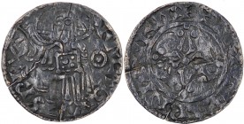 Denmark. Svend Estridsen. 1047-1075. AR Penning (17mm, 0.94 g, 6h). Lund mint; moneyer Svartbrand. +MAGNΛS REX, Christ standing facing with right hand...