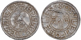 England. Aethelred II. 978-1016. AR Penny (20mm, 1.67 g, 12h). First Hand type (BMC iia, Hild. B1). Ipswich mint; moneyer Asulfr / Oswulf. Struck circ...