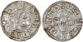 England. Aethelred II. 978-1016. AR Penny (20mm, 1.49 g, 8h). First Hand type (BMC iia, Hild. B1). Winchester mint; moneyer Regenulf. Struck circa 979...