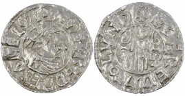 England. Aethelred II. 978-1016. AR Penny (20mm, 1.31 g, 9h). Second hand type (BMC iid, Hild. B2). London mint; moneyer Aedred. Struck circa 985-991....
