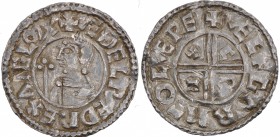England. Aethelred II. 978-1016. AR Penny (19mm, 1.54 g, 6h). Crux type (BMC iiia, Hild. C). Lewes mint; moneyer Ælfgar. Struck circa 991-997. + ÆÐELR...