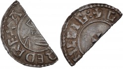 England. Aethelred II. 978-1016. AR (cut) Half penny (10mm, 0.77 g, 5h). Last Small Cross type (BMC i, Hild. A). Chester mint; moneyer Gunleifr(?). St...