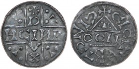 Germany. Duchy of Bavaria. Heinrich V. 1018-1026. AR Denar (20mm, 1.32 g, 3h). Regensburg mint; moneyer Ocii. +DVX HCINI, cross written in each angle ...