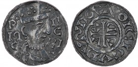 Germany. Duchy of Bavaria. Heinrich III. 1039-1056 1039/1042. AR Denar (18mm, 1.34 g). Regensburg mint. R Iη C, II C ИI, in between crowed bearded bus...