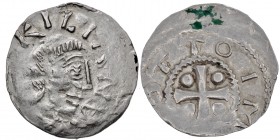 Germany. Duchy of Saxony. Otto III 983-1002. AR Denar (17mm, 0.98g). Würzburg mint. [+ S] KILIANV, Bust of St. Kilian right/[+] OTTO IM [PE], cross wi...