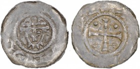 Germany. Duchy of Saxony. Hermann 1059-1086. AR Denar (19mm, 0.74g). Jever mint. [HERMON], crowned head facing / Blurred legends, cross with pellets i...