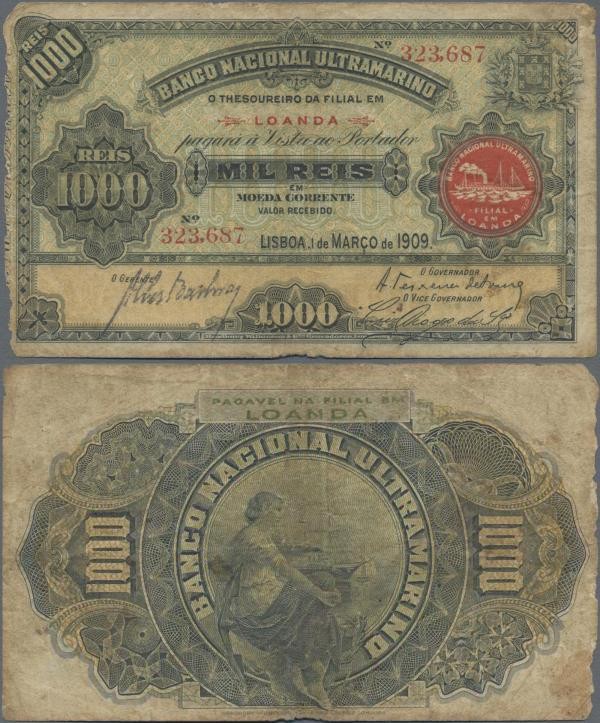Angola: 1000 Reis 1909 with Seal Type ”Filial em Loanda”, P.27, margin splits an...