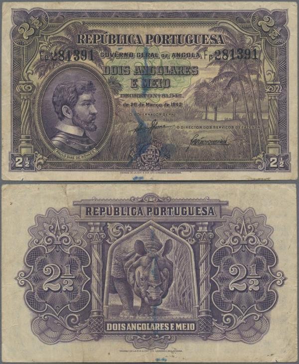 Angola: 2 1/2 Angolares 1942, P.69, ink stains, lightly toned and a few folds. C...