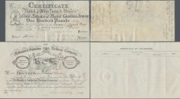 Australia: Very nice and rare set of bank shares with a Certificate of the Bank of New South Wales ”One Share of Bank Capital Stock” 100 Pounds 1832, ...