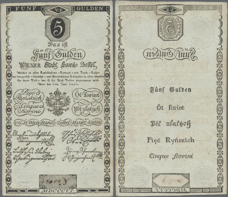 Austria: Wiener Stadt-Banco Zettel, 5 Gulden 1806, P.A38a, still very nice condi...