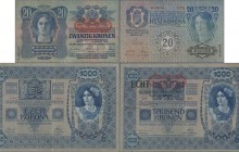 Austria: Oesterreichisch-Ungarische Bank / Osztrák-Magyar Bank pair with 20 Kronen 1913 (1919) ”II. Auflage” (2nd issue) and additional overprint ”DEU...