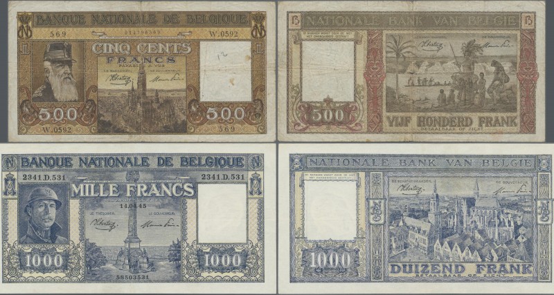 Belgium: Banque Nationale de Belgique pair with 500 Francs 1945 P.127a (F-) and ...