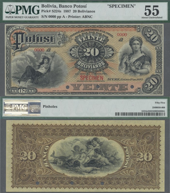 Bolivia: El Banco Potosi 20 Bolivianos 1887 Specimen note, P. S224s. Zero serial...