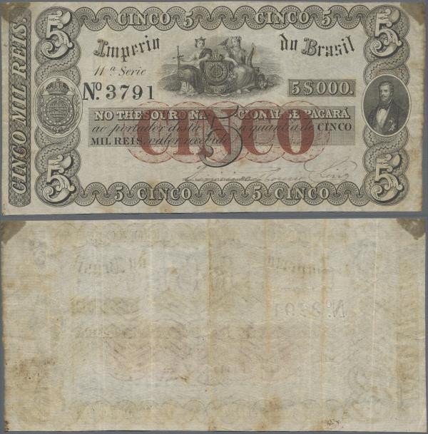 Brazil: Imperio do Brasil 5 Mil Reis ND(1860), P.A237, very nice and original sh...