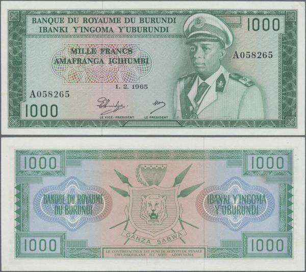 Burundi: Banque du Royaume du Burundi 1000 Francs 1965, P.14, highly rare bankno...
