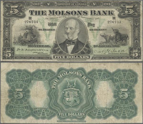 Canada: The Molsons Bank 5 Dollars 1912, P.S1235, very rare and seldom offered n...