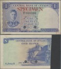 Ceylon: Central Bank of Ceylon 1 Rupee 20th January 1951 SPECIMEN, P.47s, punch hole cancelled and red overprint ”Specimen”, serial number A/1 000000,...