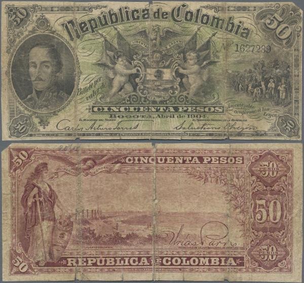 Colombia: Republica de Colombia 50 Pesos 1904, P.314, cut borders, small missing...