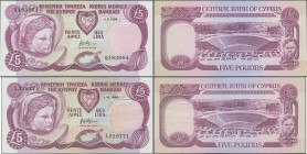 Cyprus: Lot 2 Banknotes: 5 Pounds 1990 P.54a plus 5 Pounds 1995 P.54b. Bends on left corners, both in XF condition.
 [differenzbesteuert]