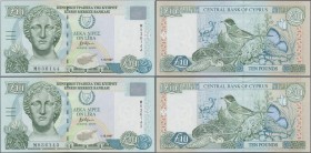 Cyprus: Lot 2 banknotes: 10 Pounds 1997 P.62a, sequential numbers M936143 + M936144 in UNC condition.
 [differenzbesteuert]