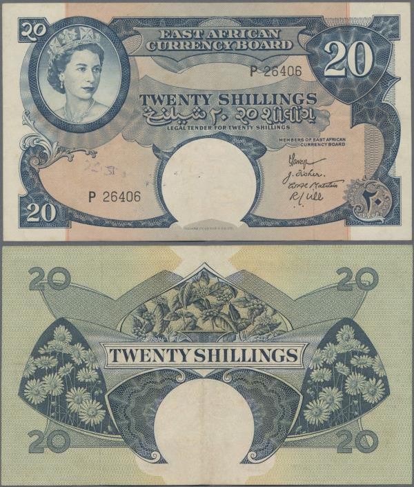East Africa: The East African Currency Board 20 Shillings ND(1958), P.39, very n...