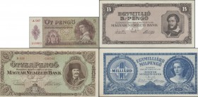Hungary: Magyar Nemzeti Bank lot with 13 banknotes of the 1939 - 1946 series with 3x consecutive numbered 5 Pengö 1939 P.106 (aUNC/UNC), 50 Pengö 1945...